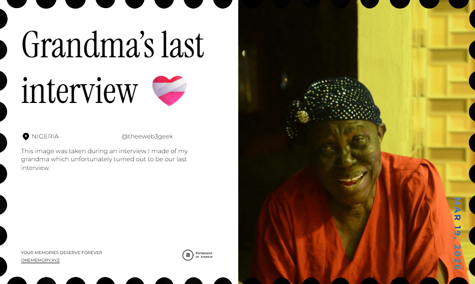 Memorial graphic titled Grandma’s last interview, featuring a portrait of a smiling woman in a red top.